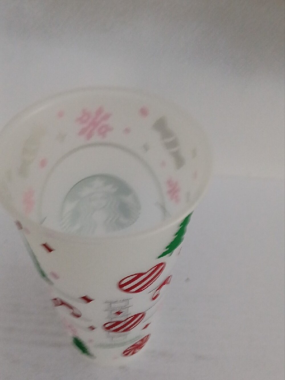 Starbucks White Plastic Holiday Cup with Green Logo and Pink & Red Accents - Picture 3 of 3